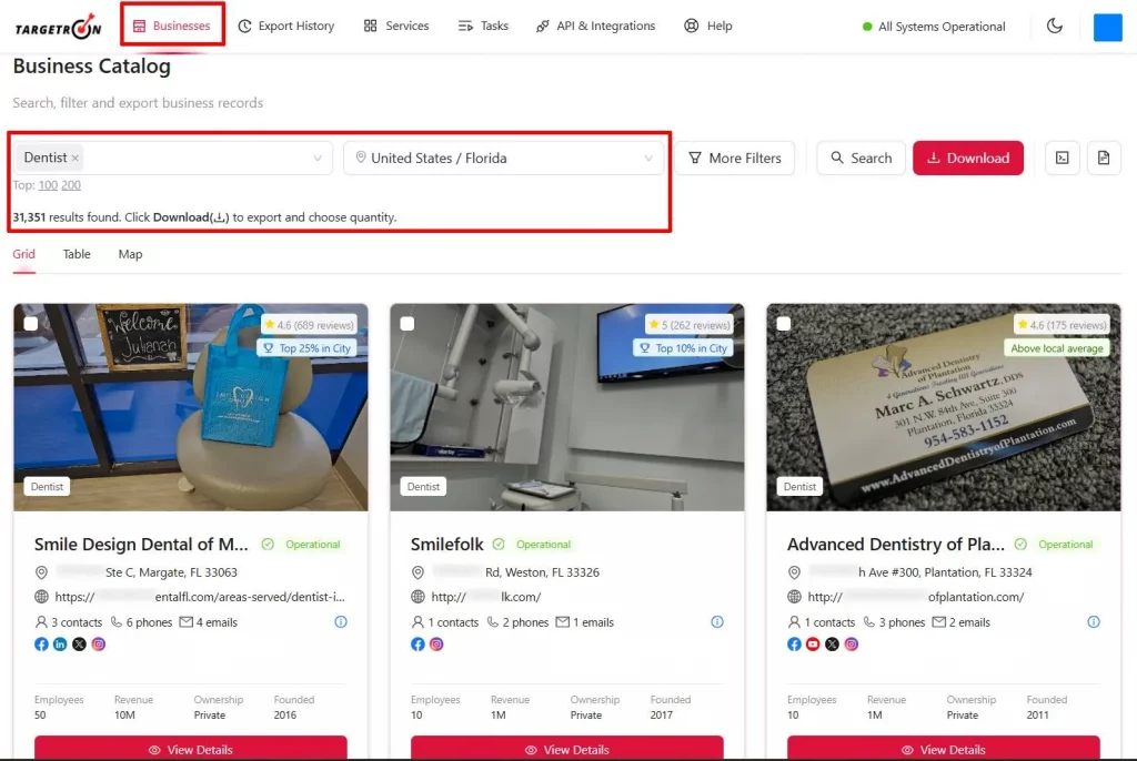 Targetron business search with category and location filters selected