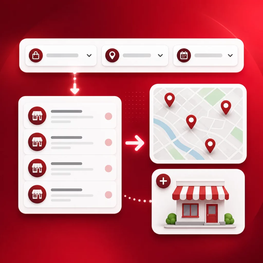 Flow diagram of a store locator: top filters, vertical store list, map with pins, and a storefront card on a red background.