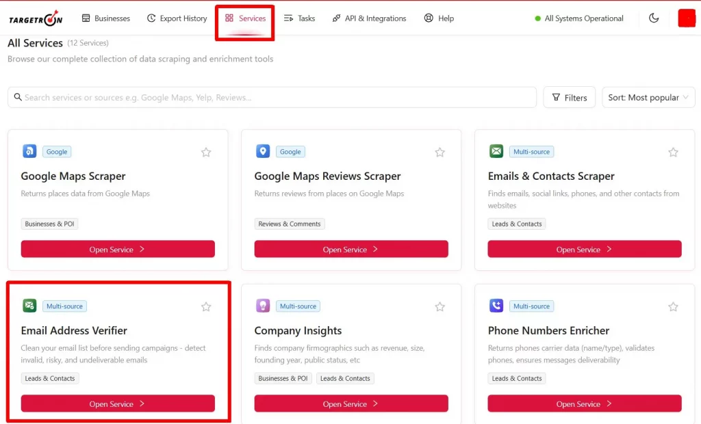 Targetron Services tab with Email Verifier available for checking email addresses