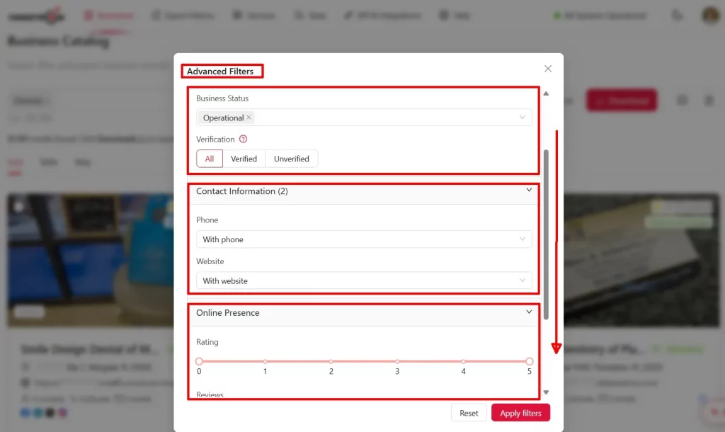 Targetron supporting filters for business status, reviews, website, email, and phone