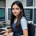Young woman sits at a desk with a computer in a bright office, looking at the camera.
