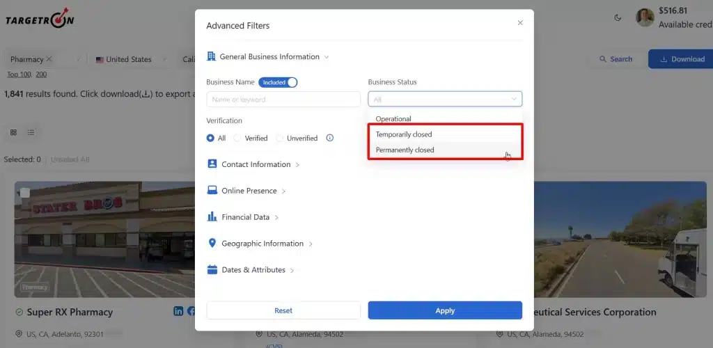 Selecting Business Status