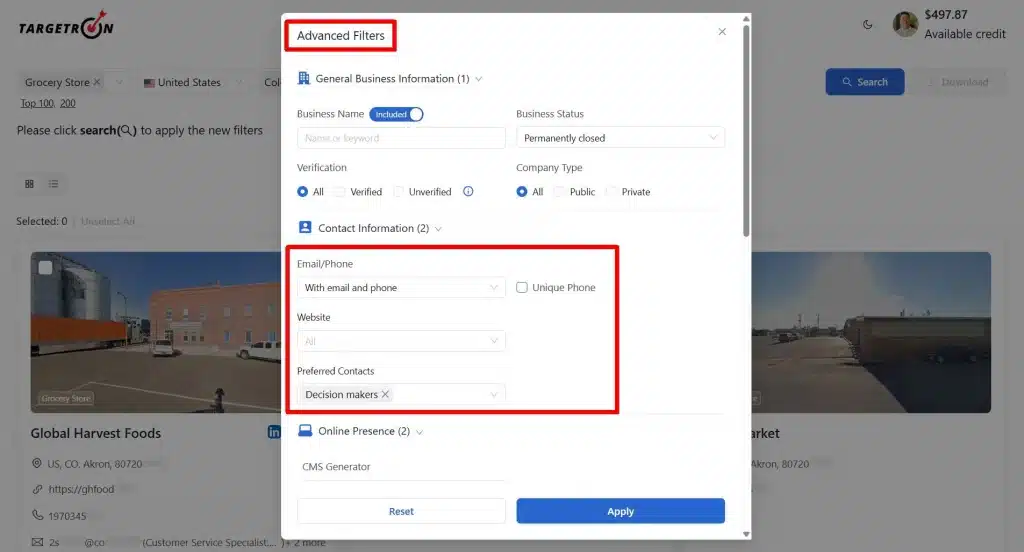 Advanced Filters Targetron