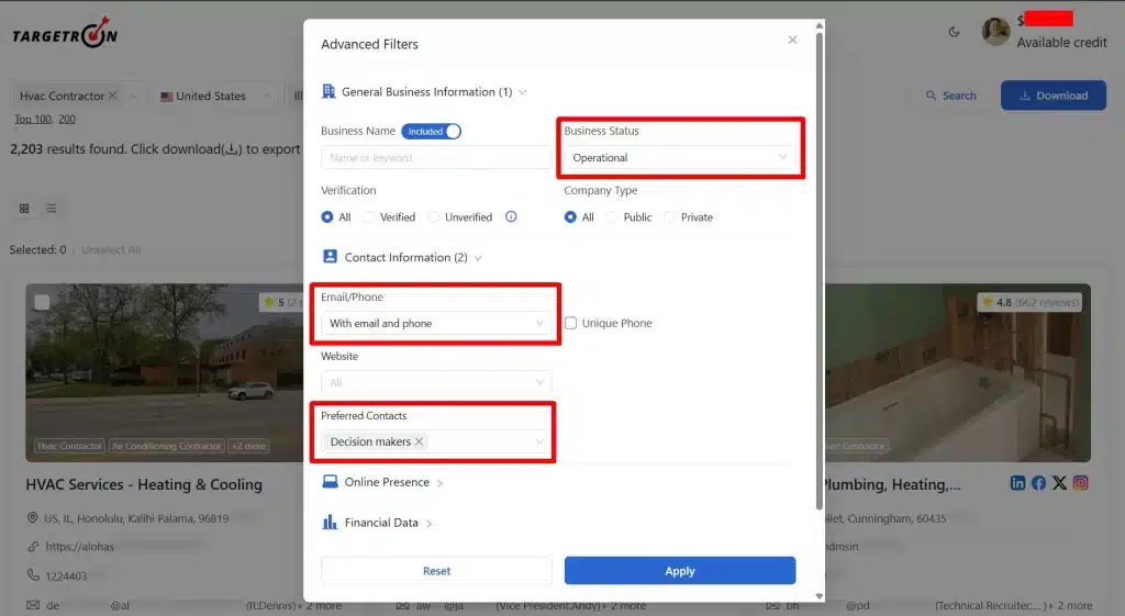 Targetron Advanced Filters