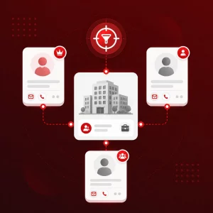 Illustration of B2B contacts connected to a company by role, showing decision-maker, influencer, and user contact cards