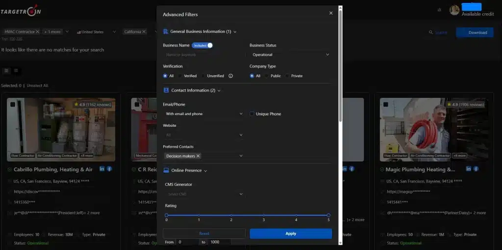 Dark modal overlay titled 'Advanced Filters' showing sections for General Business Information, Contact Information, Online Presence and more, with many dropdowns and sliders on a grid of business cards in the background.