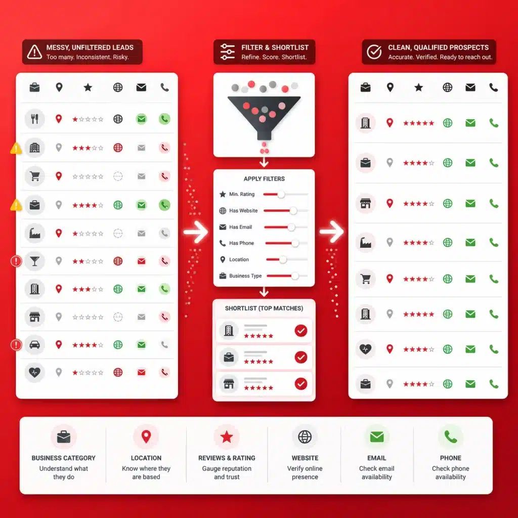 Filtered B2B prospect list with category, location, rating, website, and contact signals