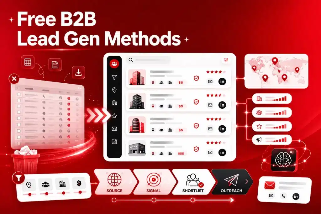Free B2B lead generation methods turning messy prospect data into a filtered list using source, signal, shortlist, and outreach steps