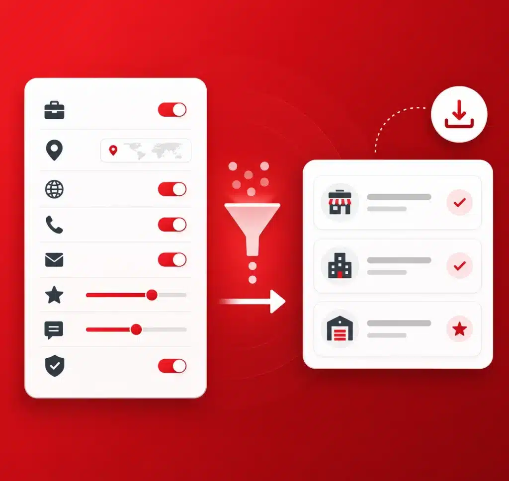 Illustration of a left white settings panel with icons and toggles feeding into a right white list panel, connected by a funnel and arrow on a red background.