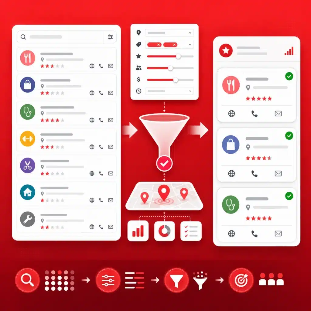 Public business data dashboard filtering local prospects by category, location, reviews, ratings, website, and contact signals