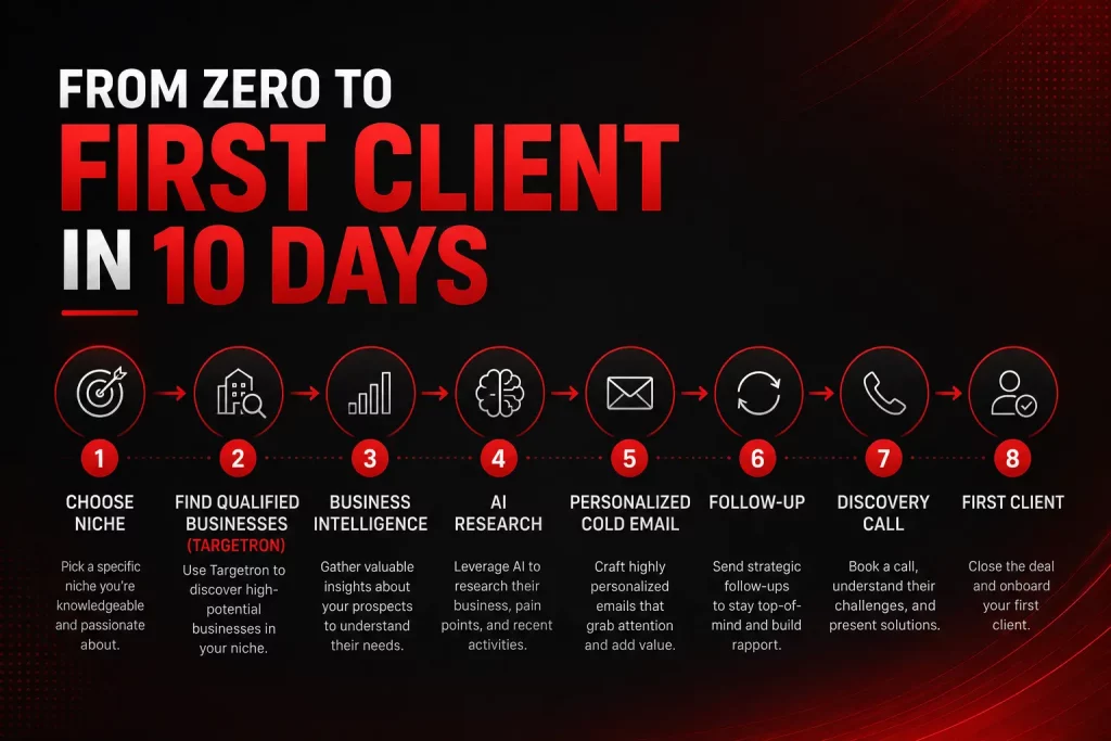 Infographic detailing an 8-step process to get a first client in 10 days, with icons and brief descriptions for each step.