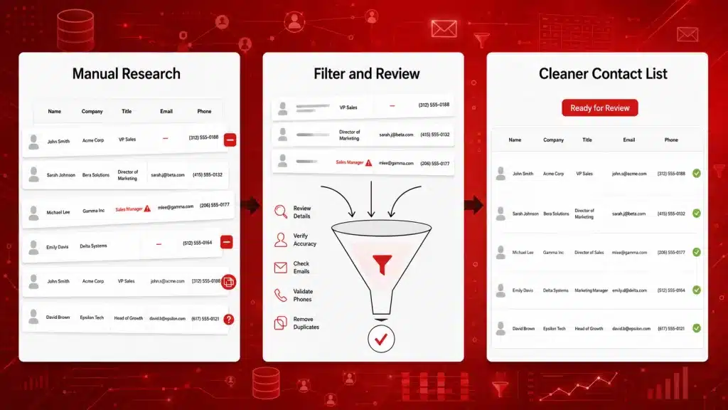 Manual B2B contact research turned into a filtered prospect list