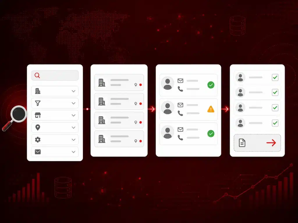 Targetron business search filters showing category, location, business status, and contact availability before contact review