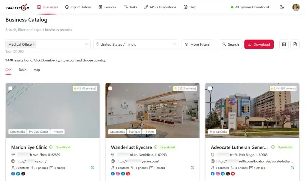 Targetron Business Catalog showing category and location search with business records and result count
