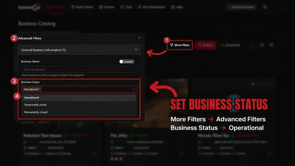 Targetron Advanced Filters showing Operational selected under Business Status.