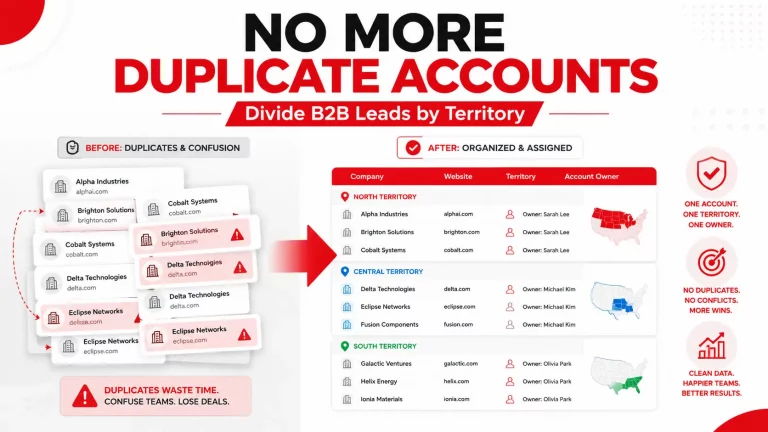 B2B lead lists organized by sales territory with duplicate company accounts removed