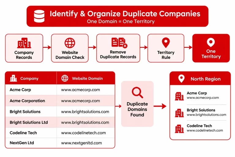 B2B lead lists divided by territory using company domains and territory rules