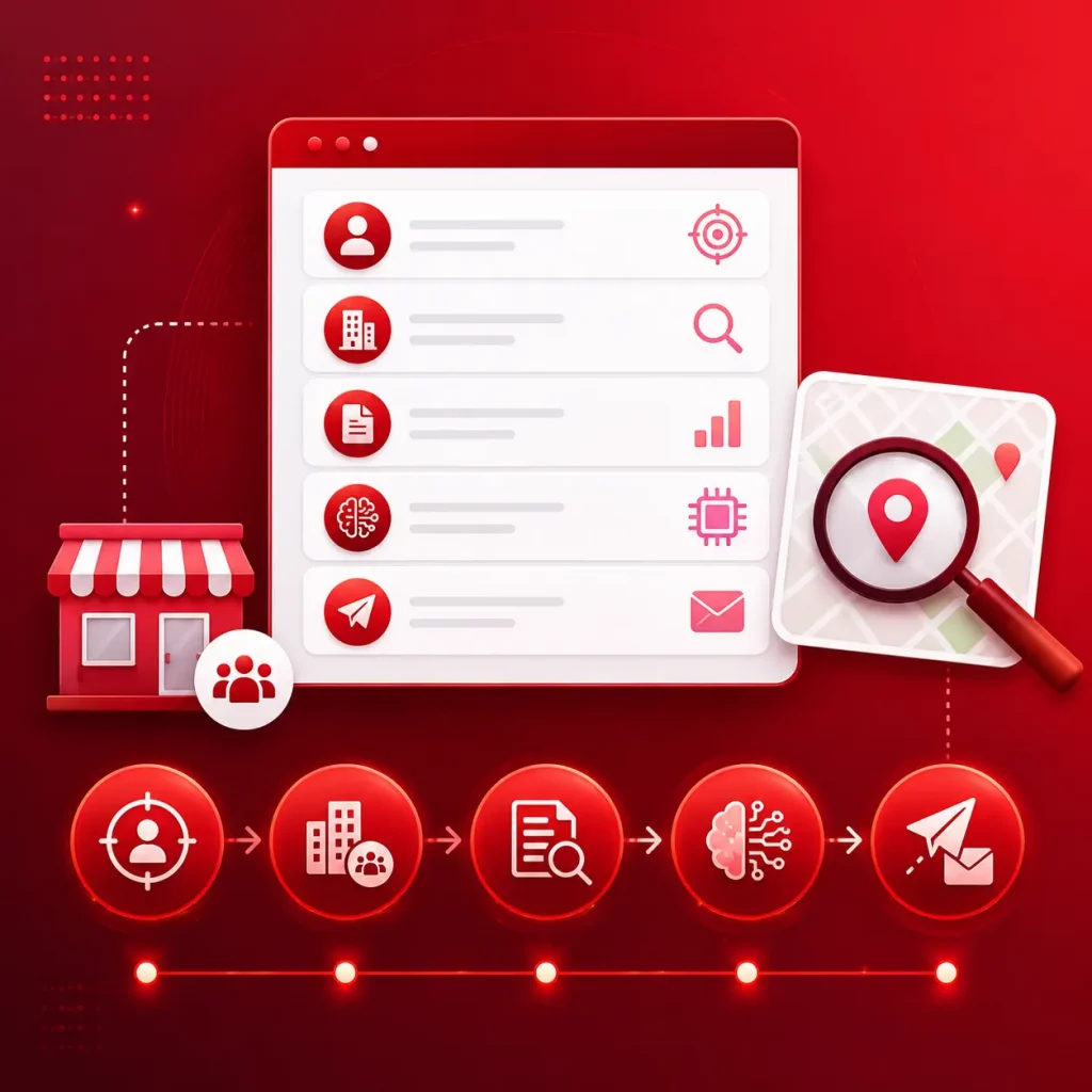 Red infographic showing a business dashboard with icons (user, buildings, document, AI chip, mail) and a map with a magnifying glass; storefront icon on the left; five red process circles below.