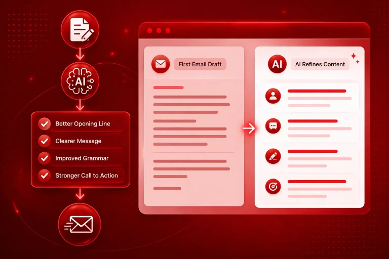 Red infographic showing AI refining email content: draft on the left, a red checklist of improvements, and a right panel labeled 'First Email Draft' and 'AI Refines Content'