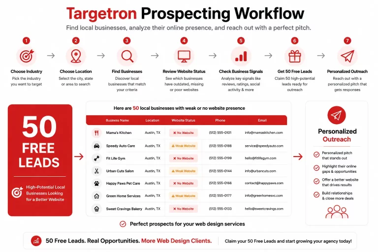 Targetron prospecting workflow showing 50 free local business leads for web design outreach