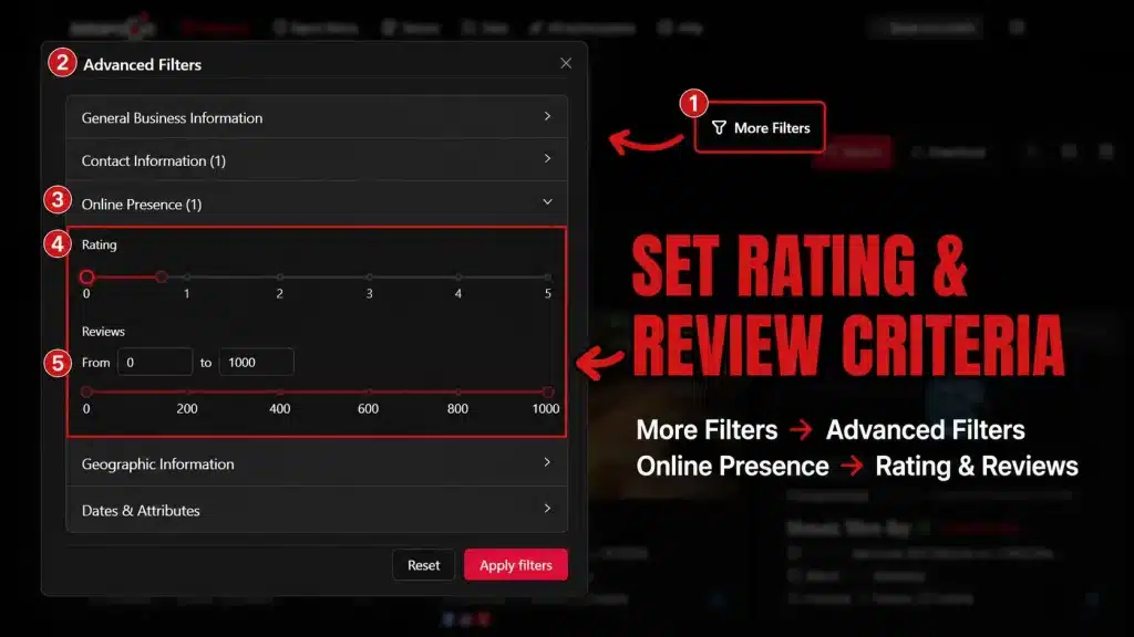 Targetron Online Presence filters showing rating and review controls used for local business research.