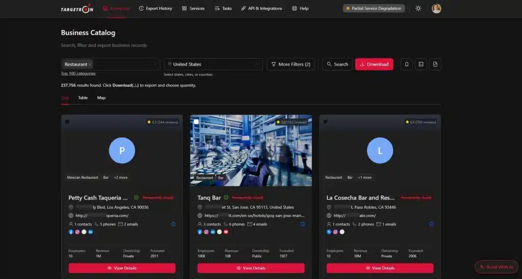 Targetron dashboard showing finding business categories and locations