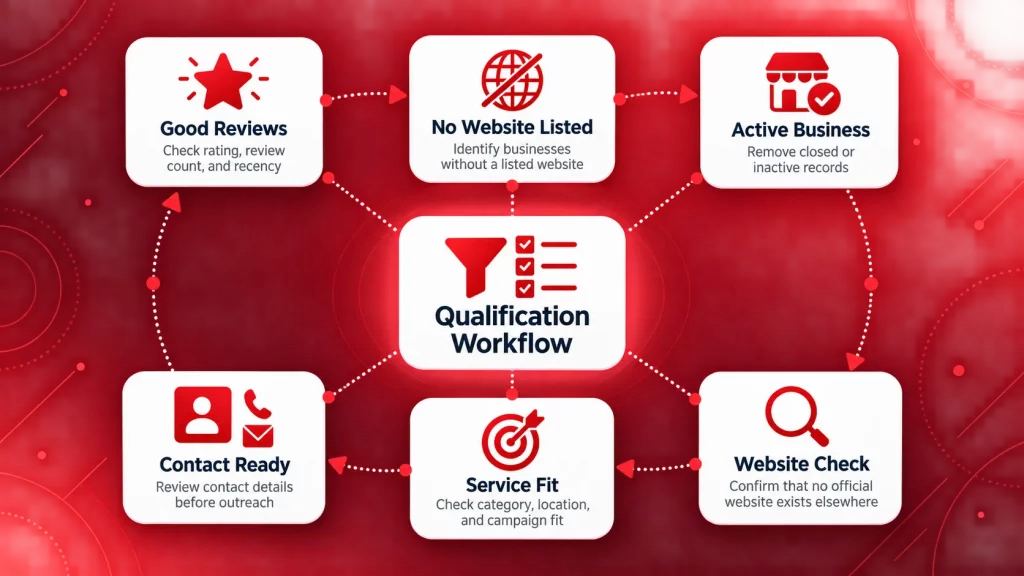 Business qualification workflow showing good reviews, no website listed, active business status, website verification, service fit, and contact readiness before outreach.