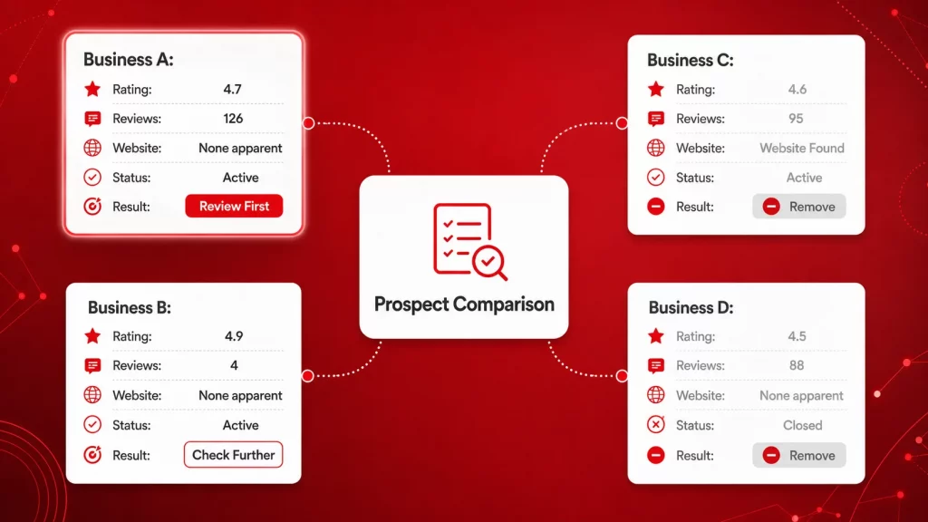 Prospect comparison graphic showing four businesses compared by rating, review count, website status, business status, and recommended action.