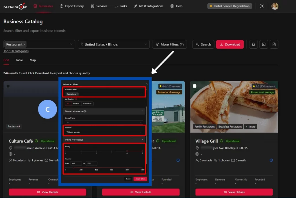 Targetron screenshot showing business filters for category, location, ratings, review count, website presence, and business status.