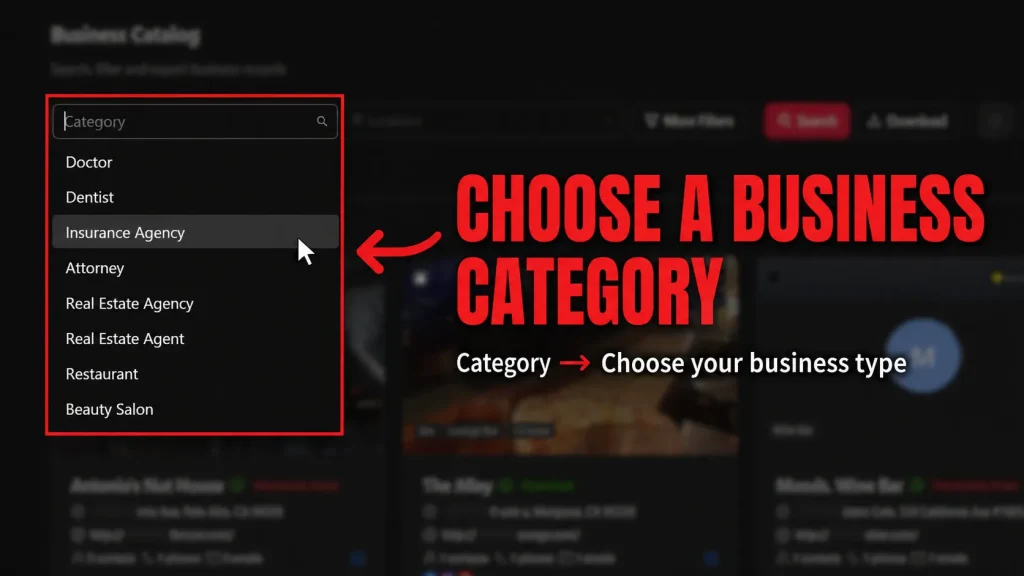 Targetron Business Catalog category dropdown used by sales teams to select a local business market for research.