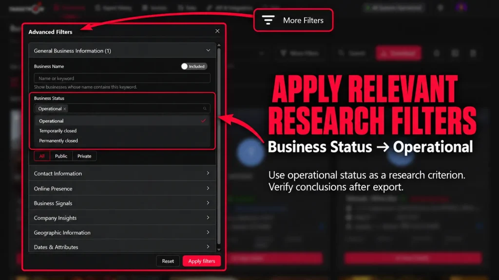 Targetron Advanced Filters showing business status criteria used to narrow local business searches.