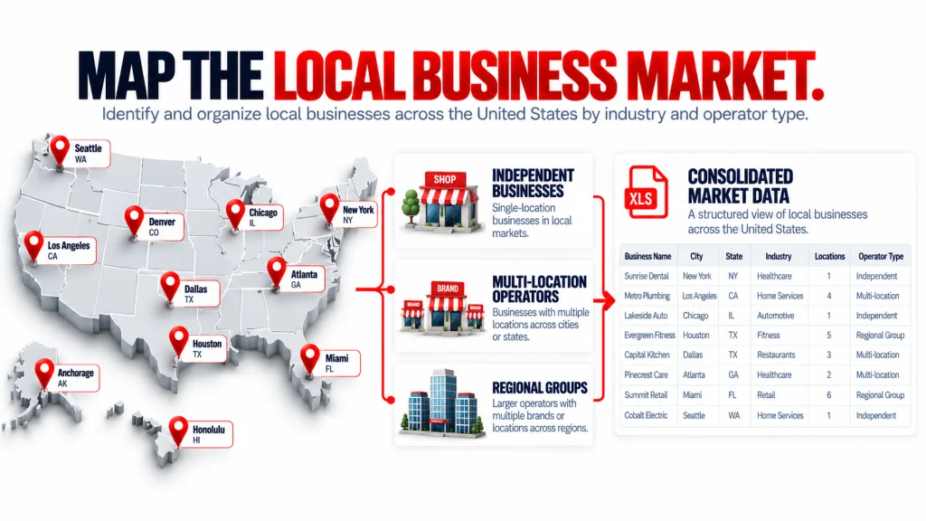Local business market organized by city, independent businesses, multi-location operators, and regional groups.