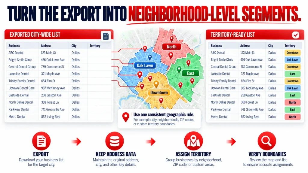 City-wide business export segmented into neighborhood territories while preserving the original address and geographic data.