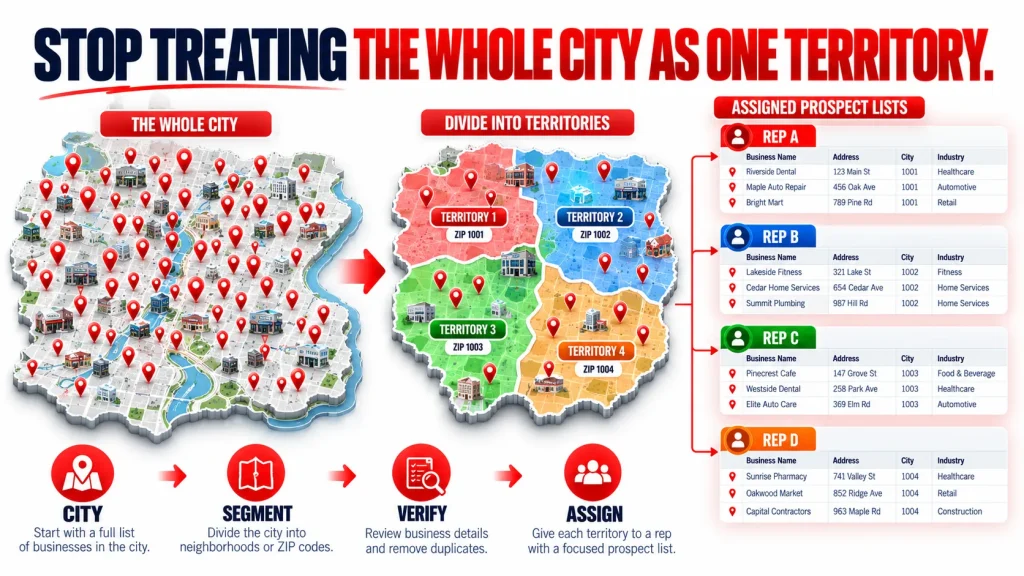 City-wide local business lead list divided into neighborhood and ZIP-code territories for prospecting.