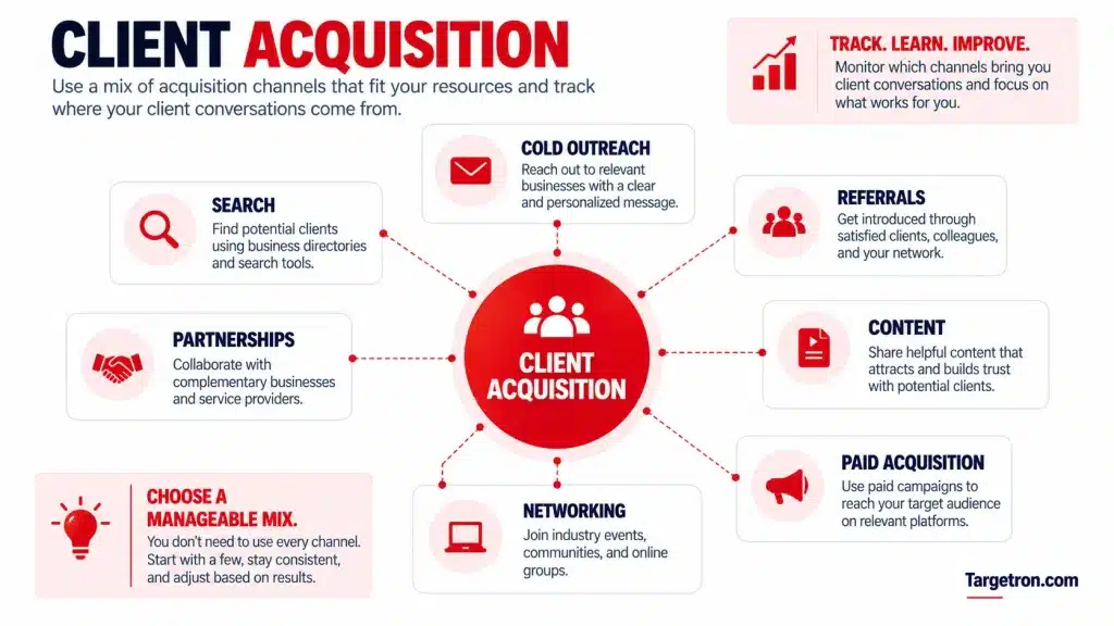 Client acquisition system combining direct outreach, referrals, content, networking, partnerships, and paid acquisition.