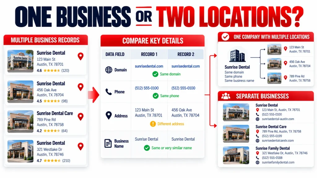 Local business records compared by domain, phone, address, and name to identify duplicate companies and multiple locations.
