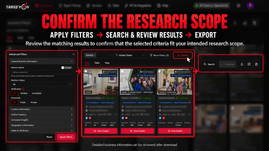 Targetron Business Catalog Search action used after selecting local business research criteria.