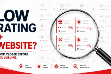 Local business records with ratings and website information highlighted by a magnifying glass for further SEO research.