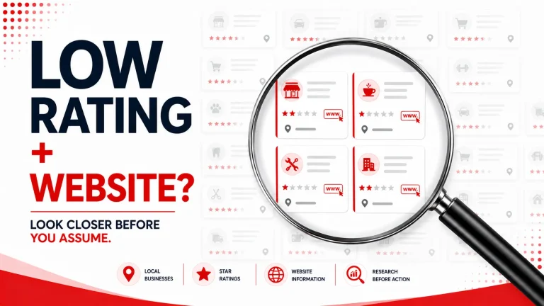Local business records with ratings and website information highlighted by a magnifying glass for further SEO research.