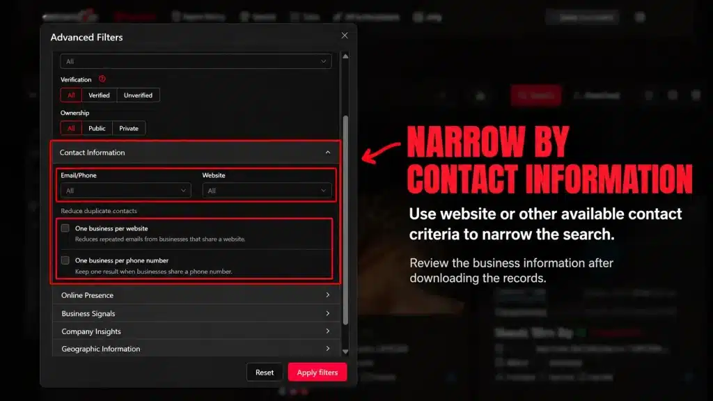 Targetron Contact Information controls used to narrow business records before export.