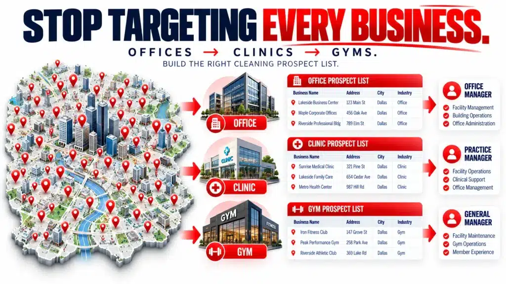 Commercial cleaning leads separated into office, clinic, and gym prospect lists with relevant decision-maker roles.