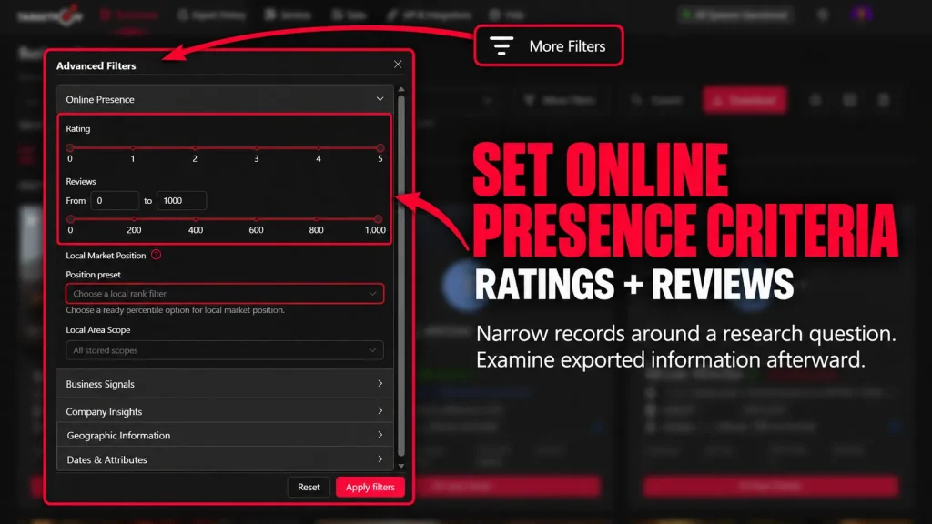 Targetron Online Presence controls showing rating and review criteria used to narrow business records before export.