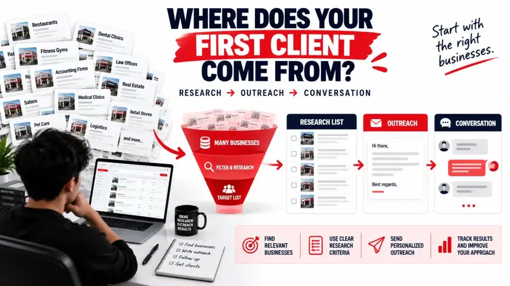 Client acquisition workflow showing business research narrowing into a focused prospect list followed by personalized outreach and conversations.