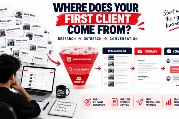 Client acquisition workflow showing business research narrowing into a focused prospect list followed by personalized outreach and conversations.