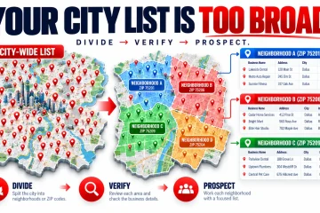 City-wide local business lead list divided into smaller neighborhood and ZIP-code prospecting territories.