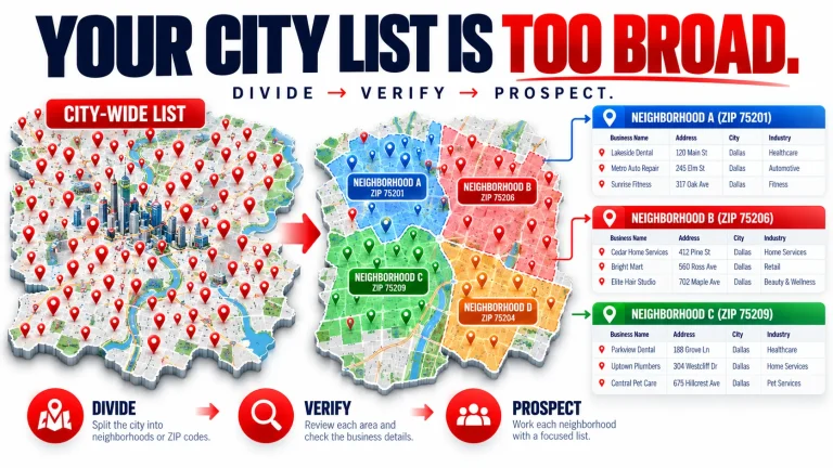 City-wide local business lead list divided into smaller neighborhood and ZIP-code prospecting territories.